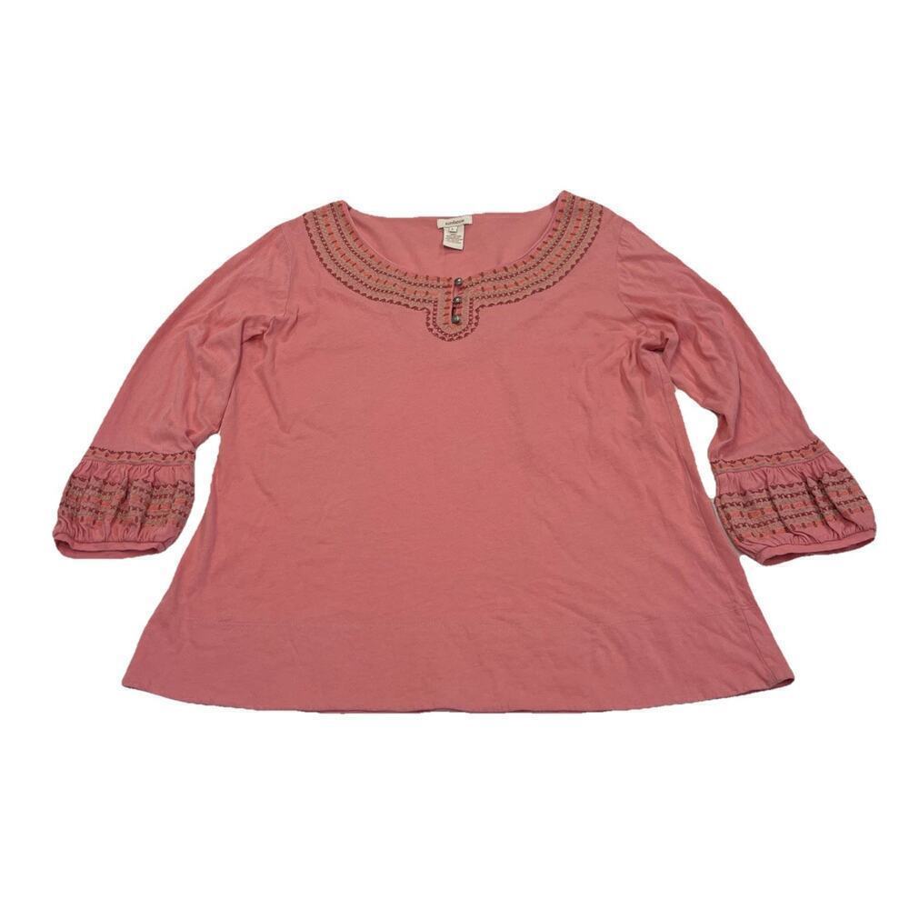 SUNDANCE Womens Coral Orange Embroidered 3/4 Sleeve Blouse L Western Prairie